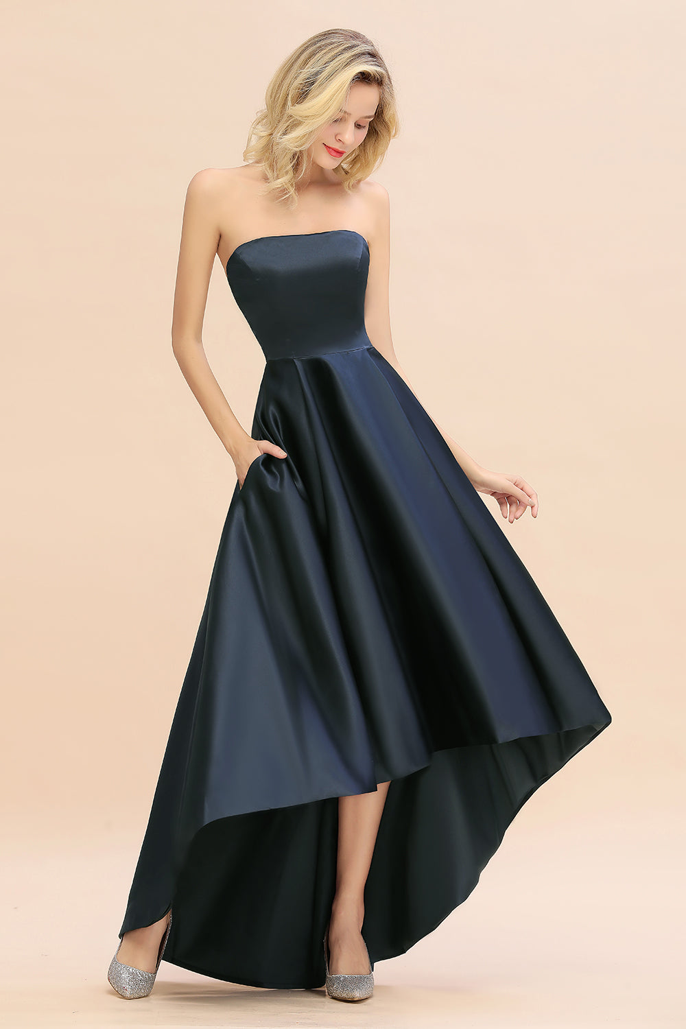 Affordable Hi-Lo Strapless Satin Bridesmaid dresses Online-27dress