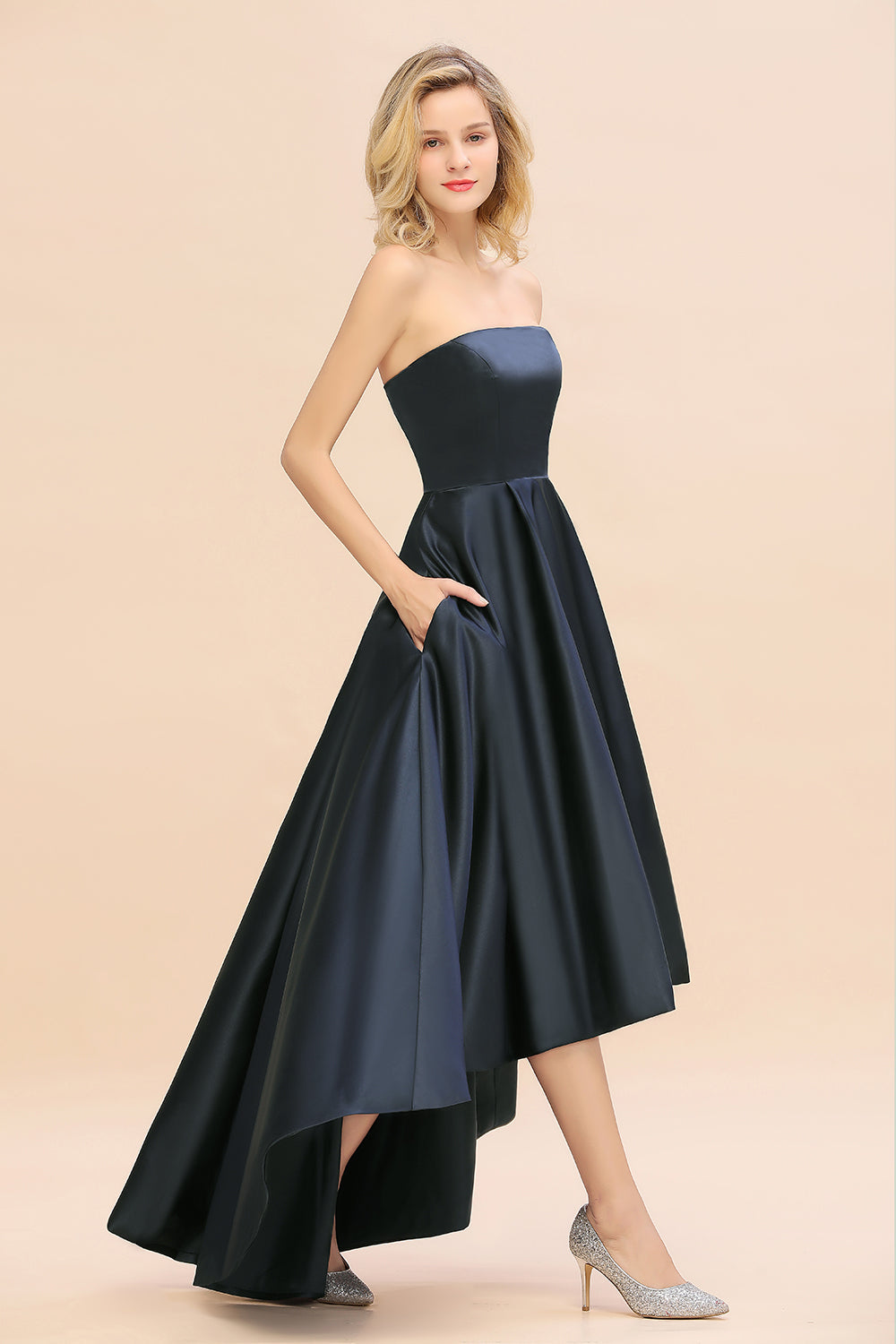 Affordable Hi-Lo Strapless Satin Bridesmaid dresses Online-27dress