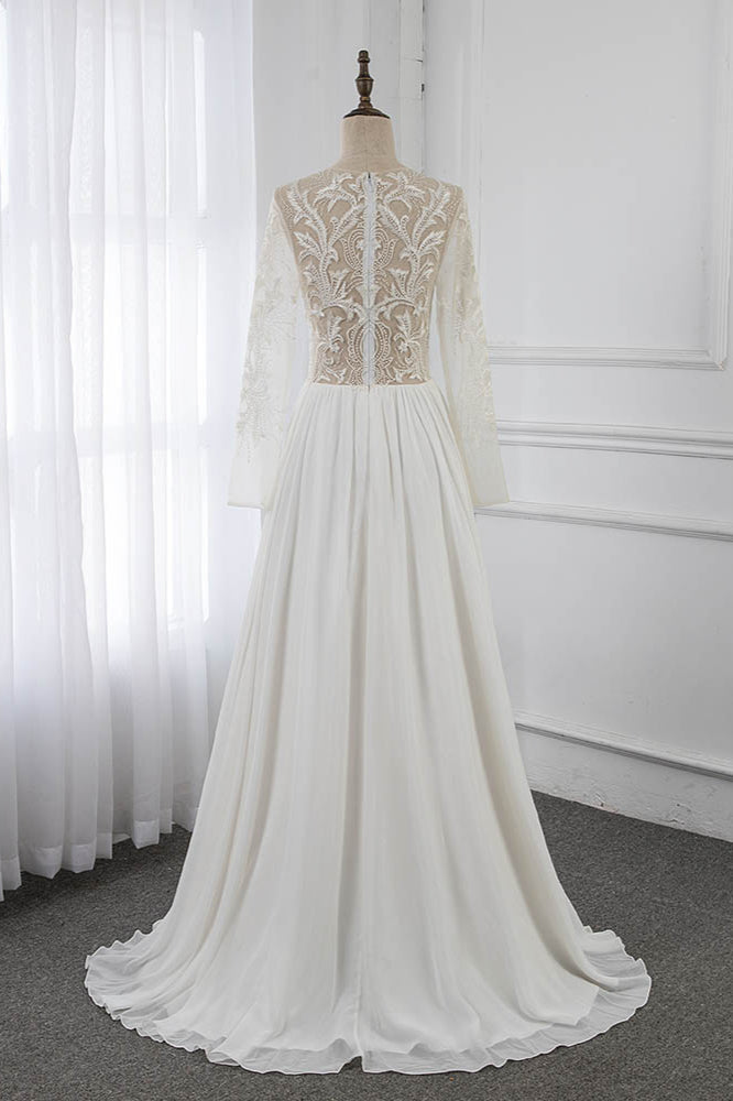 Affordable Jewel Chiffon Ruffles Wedding Dresses Lace Top Long Sleeves Bridal Gowns Online-27dress