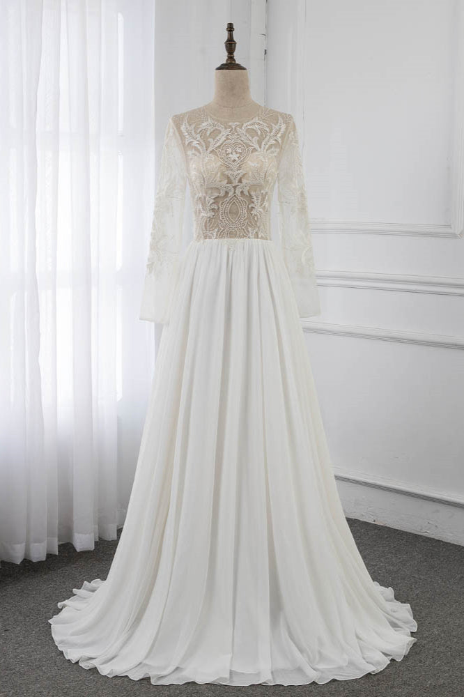 Affordable Jewel Chiffon Ruffles Wedding Dresses Lace Top Long Sleeves Bridal Gowns Online-27dress