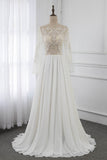 Affordable Jewel Chiffon Ruffles Wedding Dresses Lace Top Long Sleeves Bridal Gowns Online-27dress