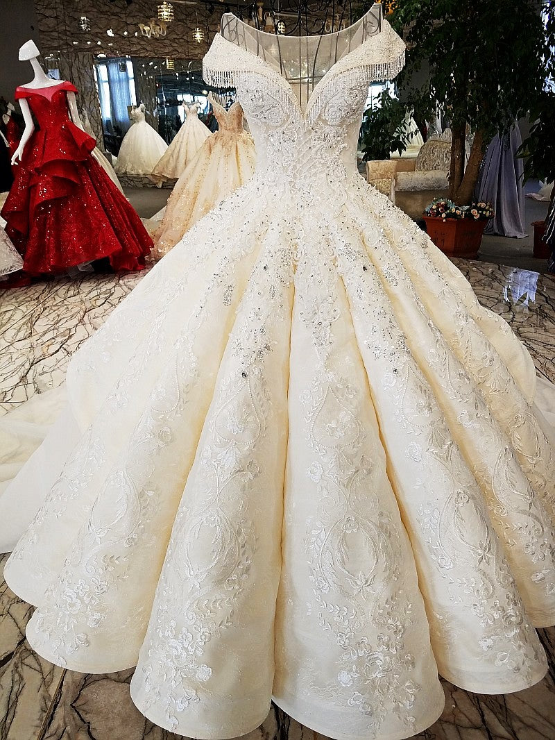 Affordable Jewel Off-the-shoulder A-line Wedding Dresses With Appliques Ivory Ruffles Lace Bridal Gowns On Sale-27dress