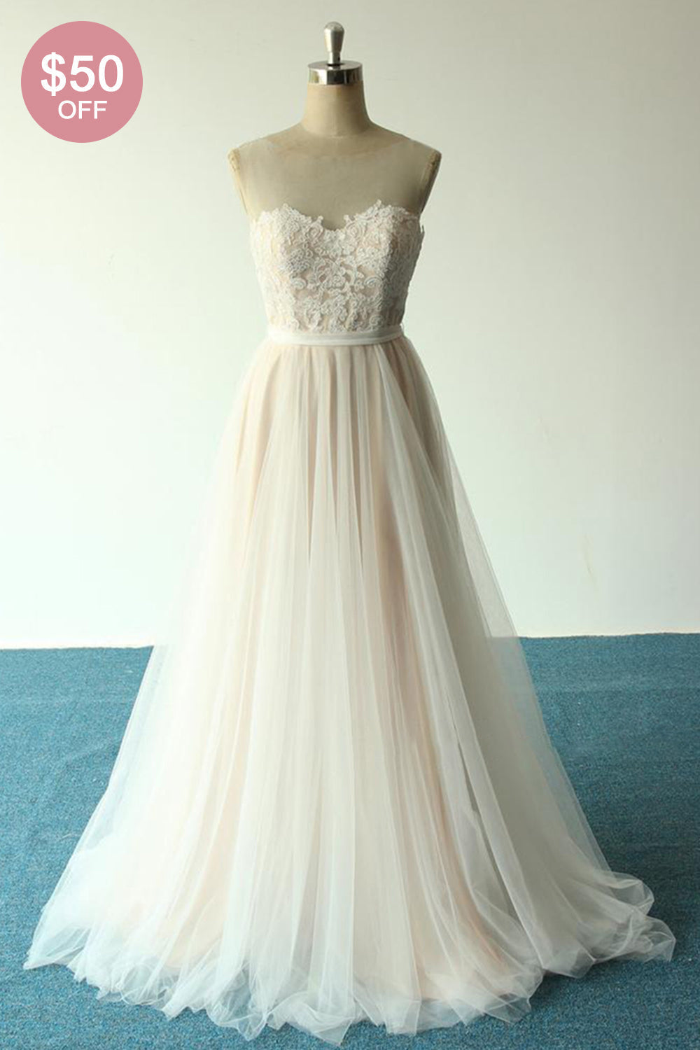 Affordable Jewel Sleeveless A-line Wedding Dresses Tulle Lace Bridal Gowns Online-27dress