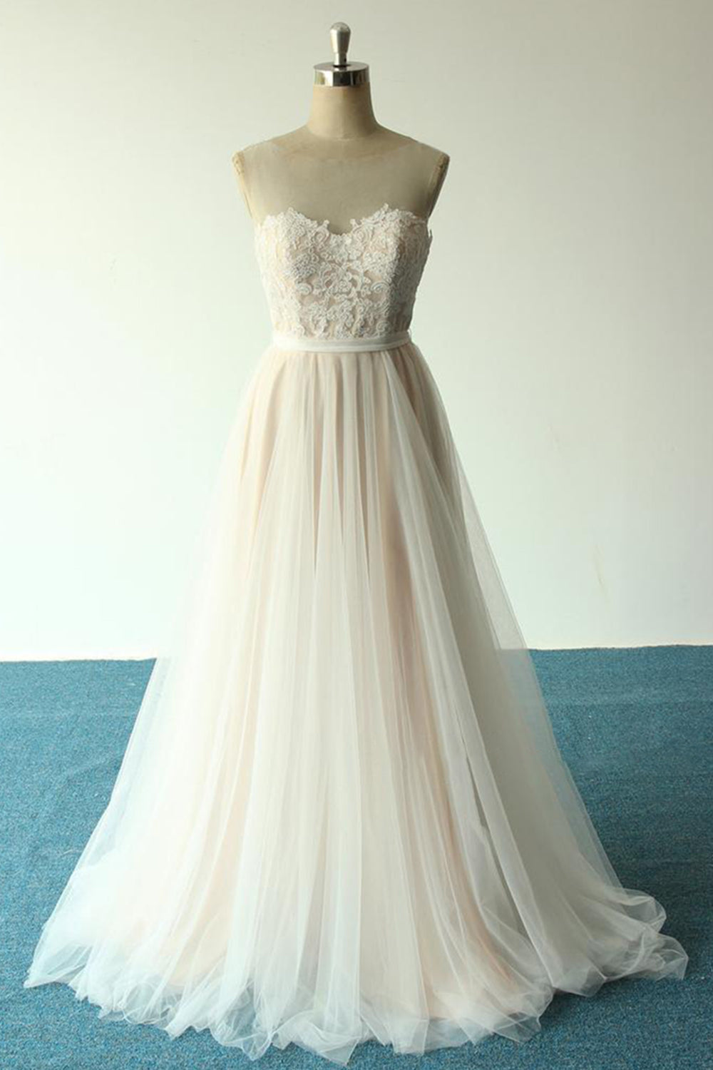 Affordable Jewel Sleeveless A-line Wedding Dresses Tulle Lace Bridal Gowns Online-27dress