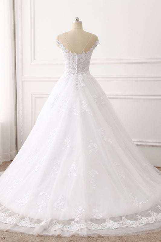 Affordable Jewel Tulle Lace White Wedding Dress Sleeveless Appliques Bridal Gowns Online-27dress