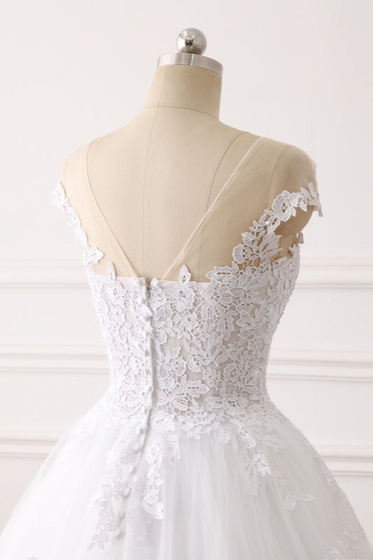 Affordable Jewel Tulle Lace White Wedding Dress Sleeveless Appliques Bridal Gowns Online-27dress