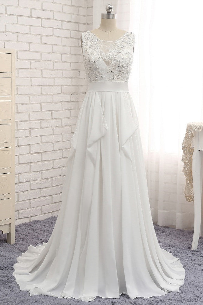 Affordable Jewel White Chiffon Ruffle Wedding Dress Sleeveless Appliques Bridal Gowns with Beadings-27dress