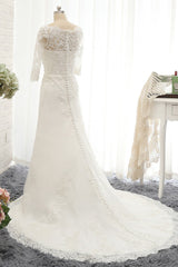 Affordable Jewel White Tulle Lace Wedding Dress Half Sleeves Appliques Bridal Gowns Online-27dress