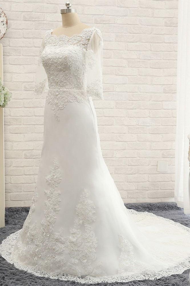 Affordable Jewel White Tulle Lace Wedding Dress Half Sleeves Appliques Bridal Gowns Online-27dress