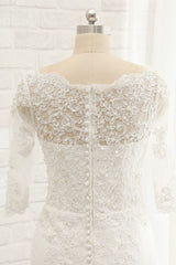 Affordable Jewel White Tulle Lace Wedding Dress Half Sleeves Appliques Bridal Gowns Online-27dress