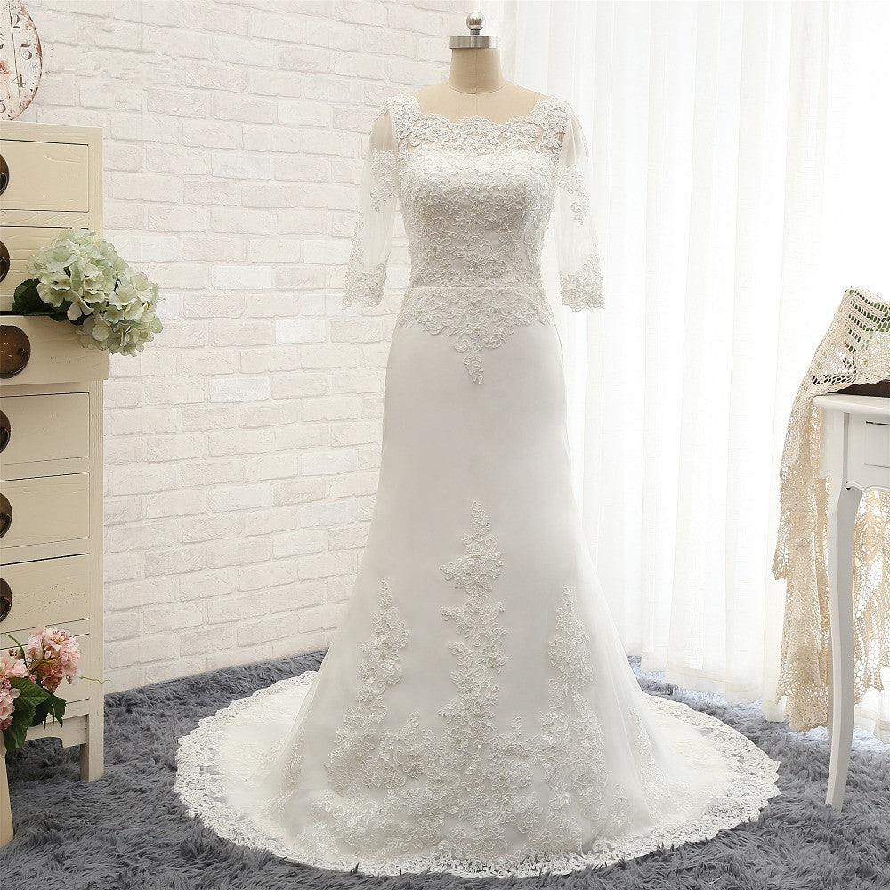 Affordable Jewel White Tulle Lace Wedding Dress Half Sleeves Appliques Bridal Gowns Online-27dress