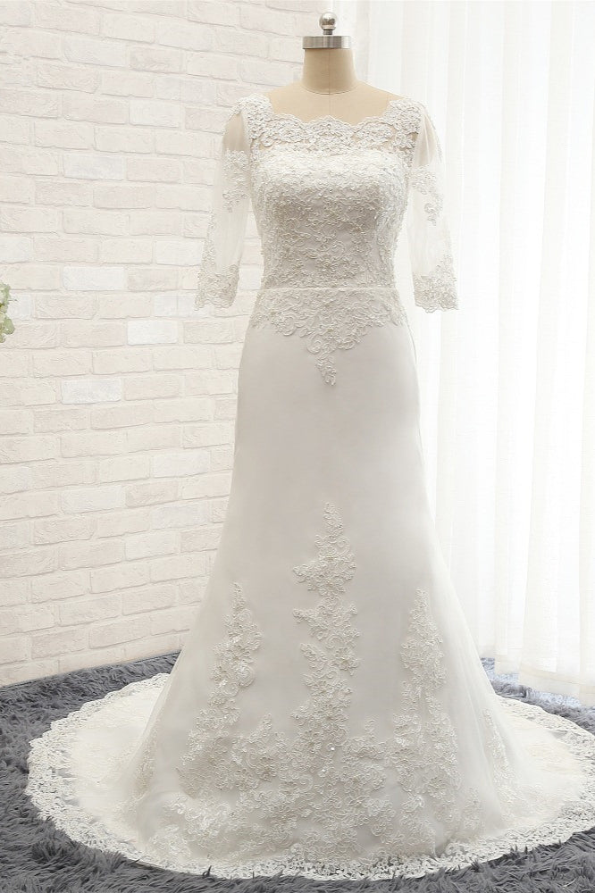 Affordable Jewel White Tulle Lace Wedding Dress Half Sleeves Appliques Bridal Gowns Online-27dress