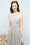 Affordable Lace Sleeveless Silver Bridesmaid Dress with Ruffles-27dress