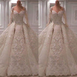 Affordable Longsleeves Ivory Lace Wedding Dresses With Appliques A-line Ruffles Bridal Gowns On Sale-27dress