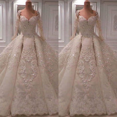 Affordable Longsleeves Ivory Lace Wedding Dresses With Appliques A-line Ruffles Bridal Gowns On Sale-27dress