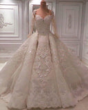 Affordable Longsleeves Ivory Lace Wedding Dresses With Appliques A-line Ruffles Bridal Gowns On Sale-27dress