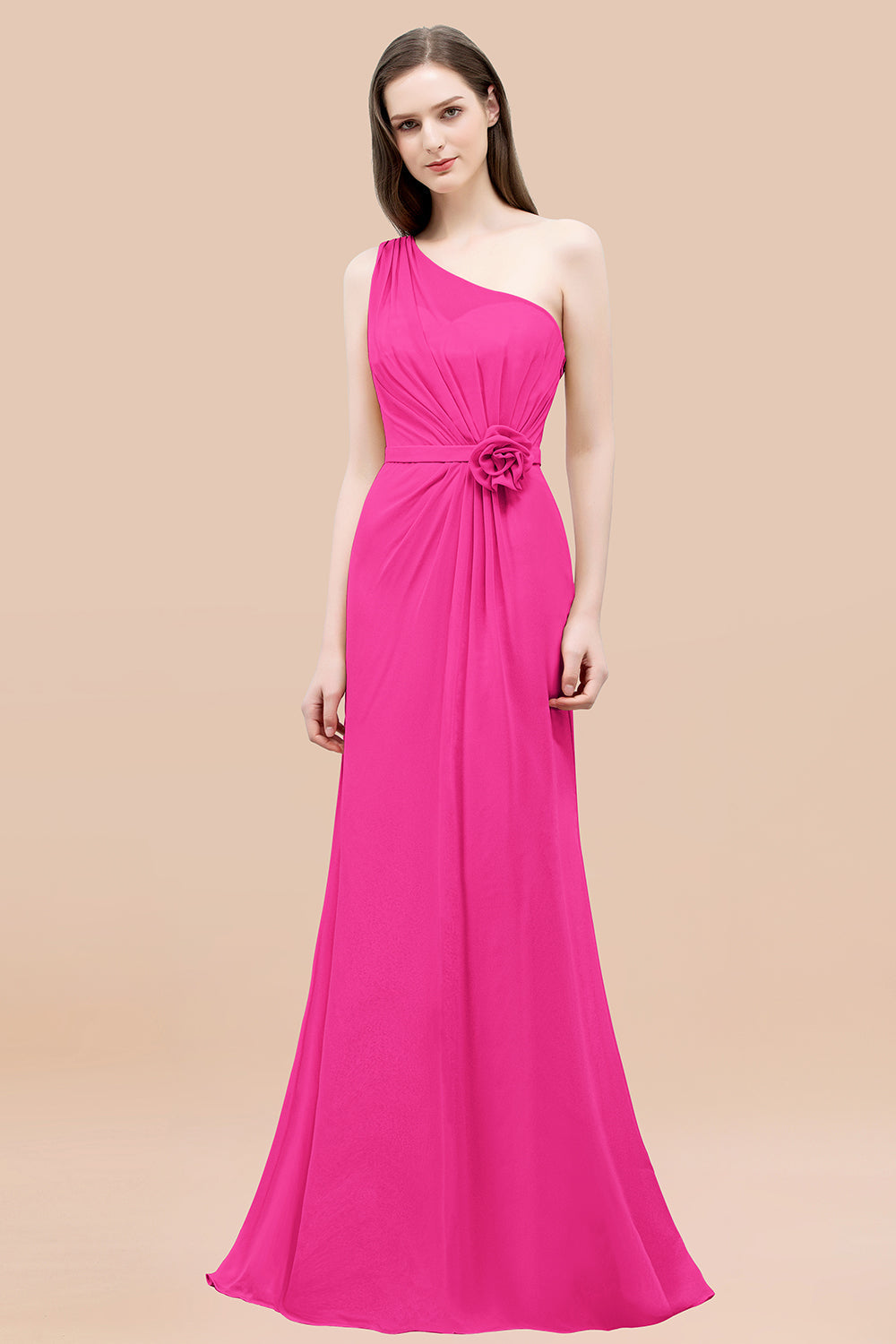 Affordable Mermaid One shoulder Pink Bridesmaid Dresses with Flowers-27dress