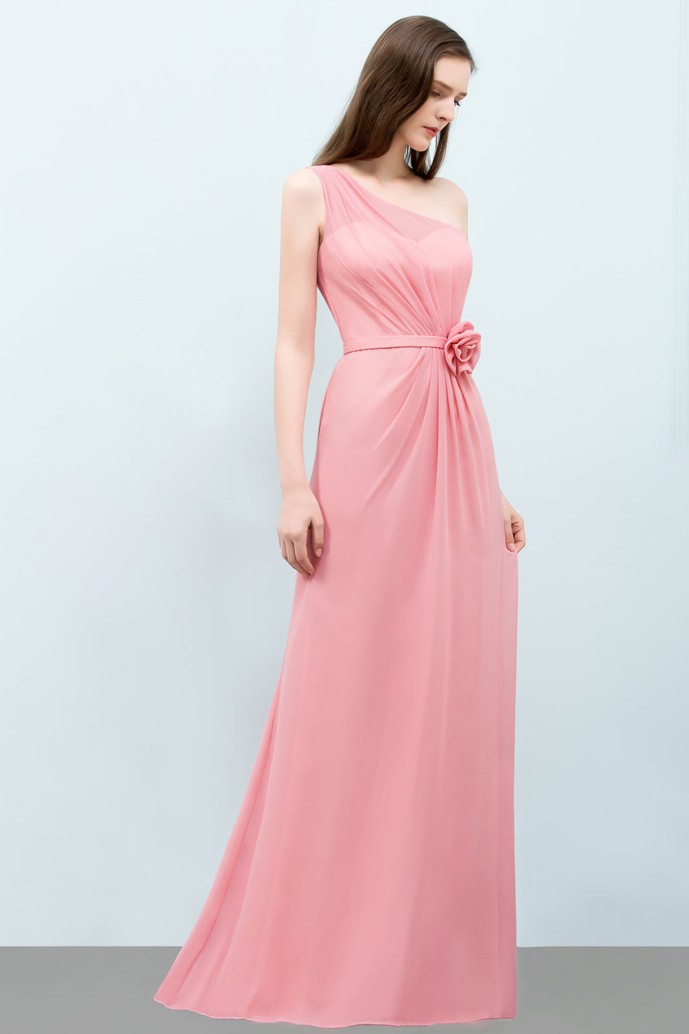 Affordable Mermaid One shoulder Pink Bridesmaid Dresses with Flowers-27dress