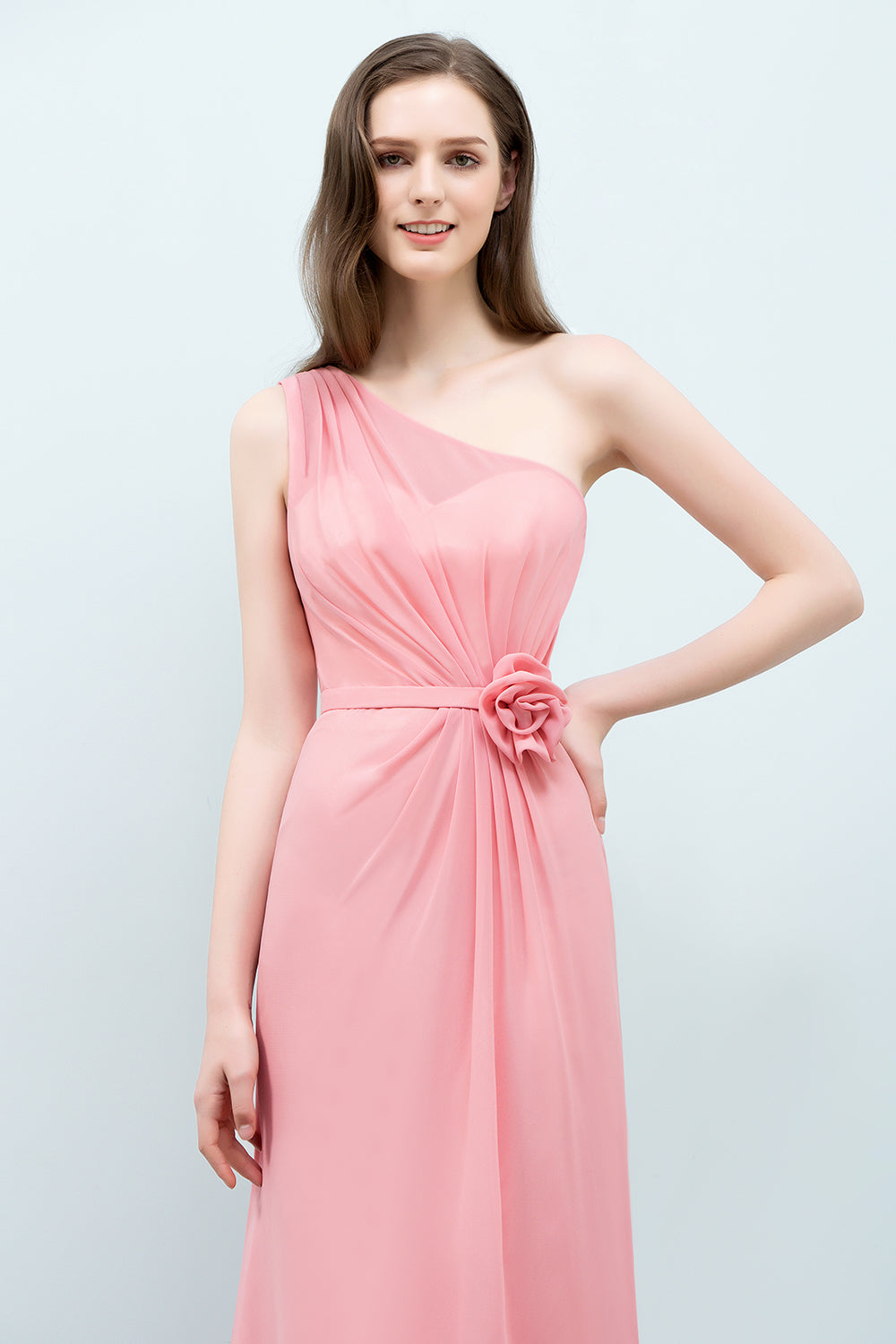 Affordable Mermaid One shoulder Pink Bridesmaid Dresses with Flowers-27dress