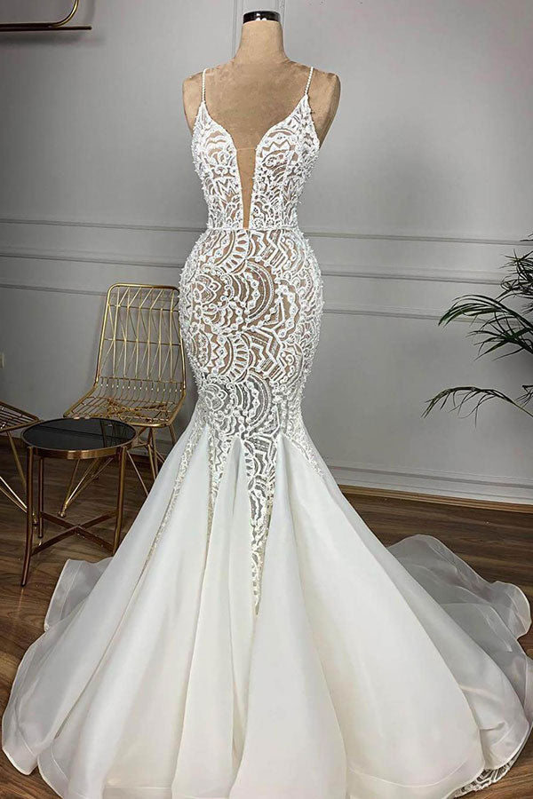 Affordable Mermaid Spaghetti Straps Lace Wedding Dresses Ivory Sleeveless Bridal Gowns With Appliques Online-27dress