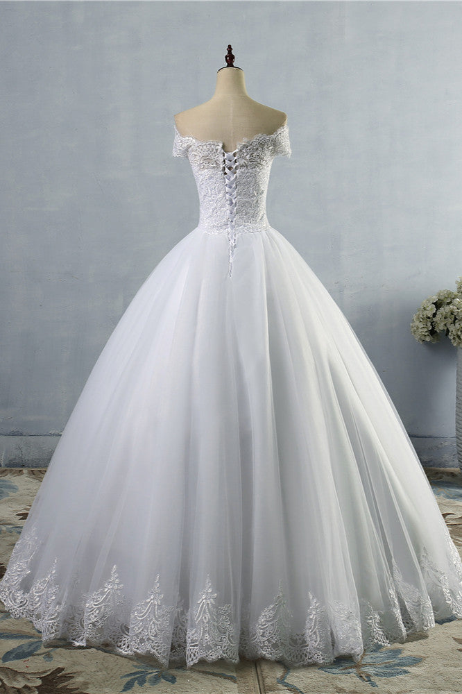 Affordable Off-the-Shoulder Lace Tulle Wedding Dress Short Sleeves White Bridal Gowns On Sale-27dress