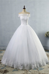 Affordable Off-the-Shoulder Lace Tulle Wedding Dress Short Sleeves White Bridal Gowns On Sale-27dress