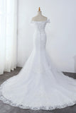 Affordable Off-the-Shoulder Mermaid White Wedding Dress Short Sleeves Tulle Appliques Bridal Gowns On Sale-27dress