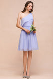 Affordable One Shoulder Ruffle Lavender Chiffon Short Bridesmaid Dress-27dress