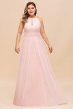 Affordable Plus Size Chiffon Round Neck Pink Bridesmaid Dress-27dress