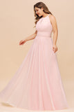 Affordable Plus Size Chiffon Round Neck Pink Bridesmaid Dress-27dress