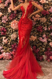 Affordable Red Long Mermaid One Shoulder Tulle Lace Prom Dress-27Dress