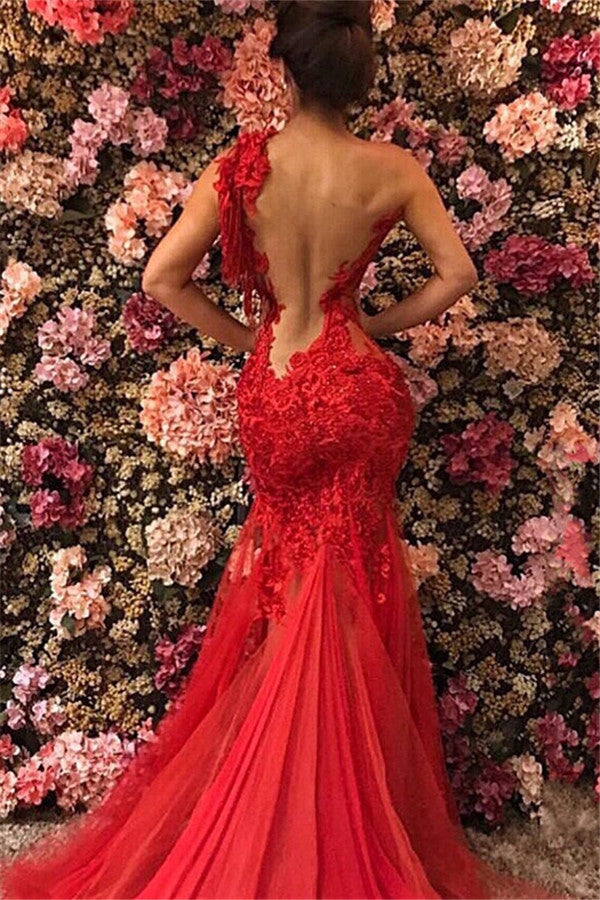 Affordable Red Long Mermaid One Shoulder Tulle Lace Prom Dress-27Dress