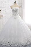 Affordable S-Line Sweetheart Tulle Rhinestones Wedding Dress Lace Appliques Sleeveless Bridal Gowns Online-27dress