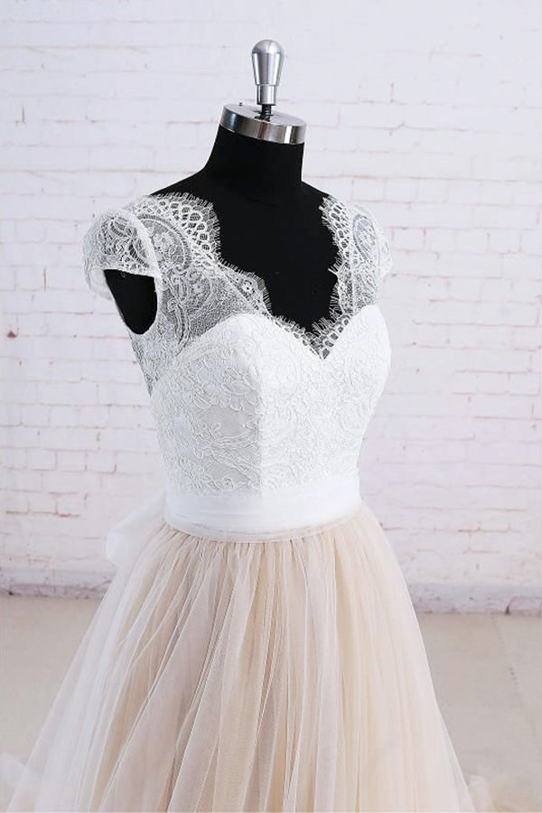 Affordable Shortsleeves Straps V-neck Wedding Dress Tulle Ruffles Bridal Gowns On Sale-27dress