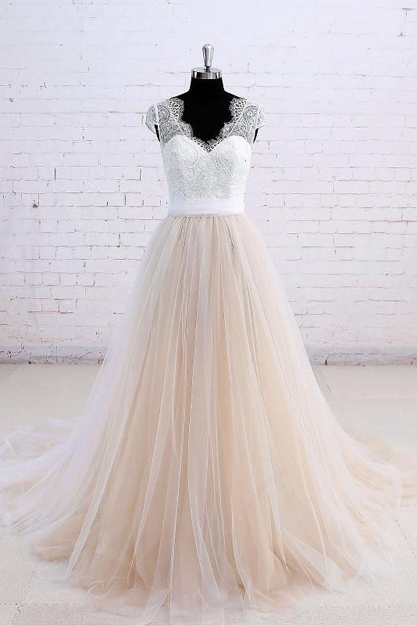 Affordable Shortsleeves Straps V-neck Wedding Dress Tulle Ruffles Bridal Gowns On Sale-27dress