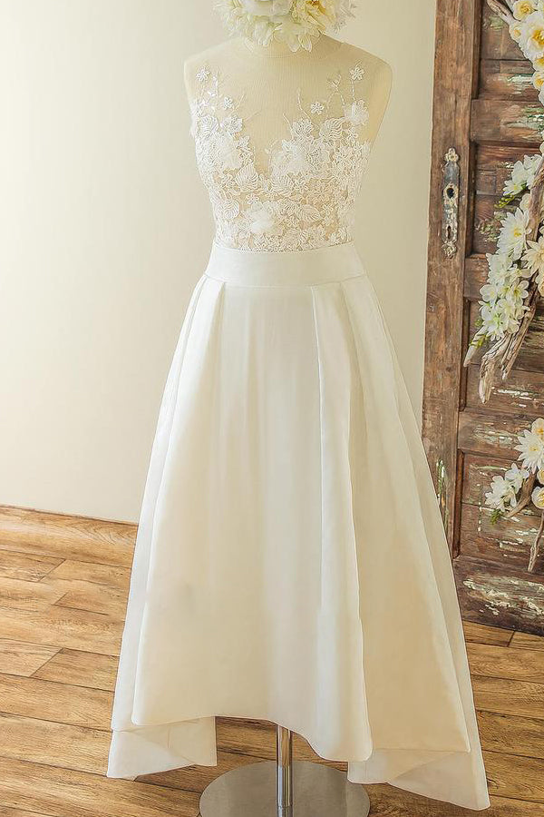 Affordable Sleeveless Straps Jewel Wedding Dresses Satin Appliques Lace Bridal Gowns On Sale-27dress