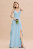 Affordable Spaghetti-Straps Slit Long Chiffon Bridesmaid Dress with Ruffle-27dress