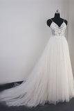 Affordable Spaghetti Straps Tulle Ruffle Wedding Dress V-Neck Lace Appliques Bridal Gowns On Sale-27dress