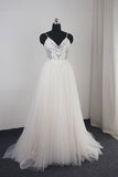 Affordable Spaghetti Straps Tulle Ruffle Wedding Dress V-Neck Lace Appliques Bridal Gowns On Sale-27dress