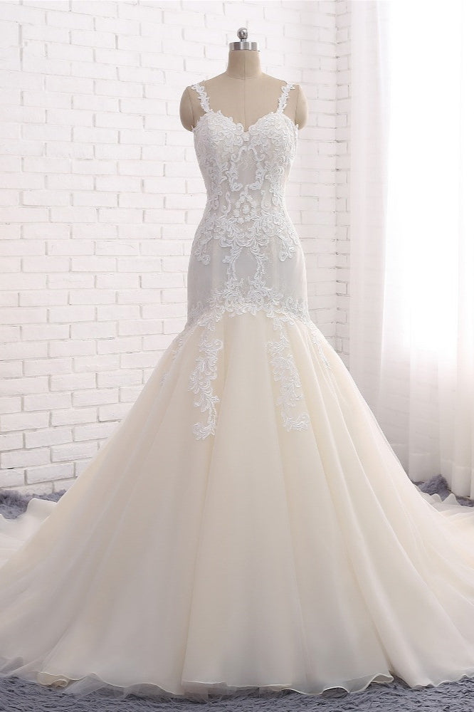 Affordable Strapless Mermaid Tulle Lace Wedding Dress Sweetheart Appliques Bridal Gowns On Sale-27dress