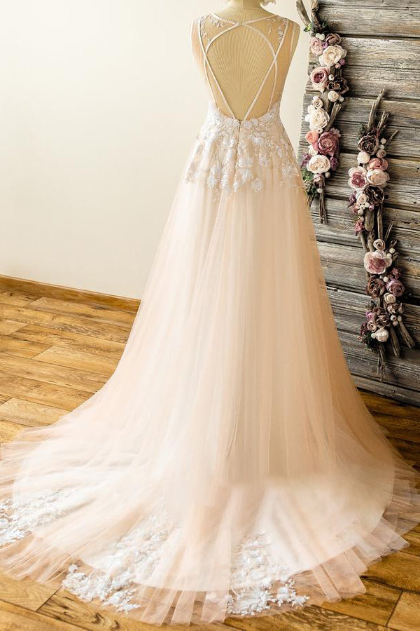 Affordable Straps V-neck Champagne Wedding Dresses A-line Applique Tuelle Bridal Gowns On Sale-27dress