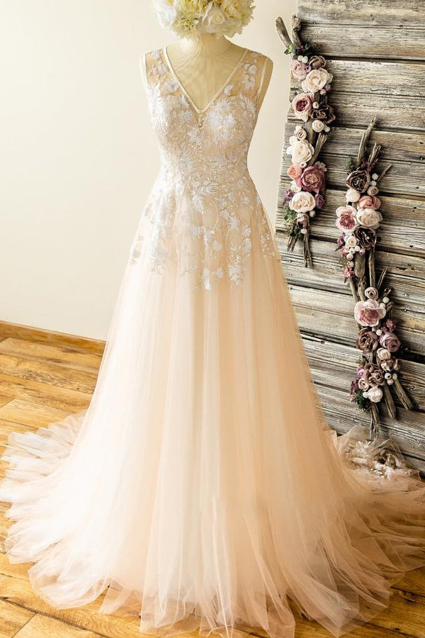 Affordable Straps V-neck Champagne Wedding Dresses A-line Applique Tuelle Bridal Gowns On Sale-27dress