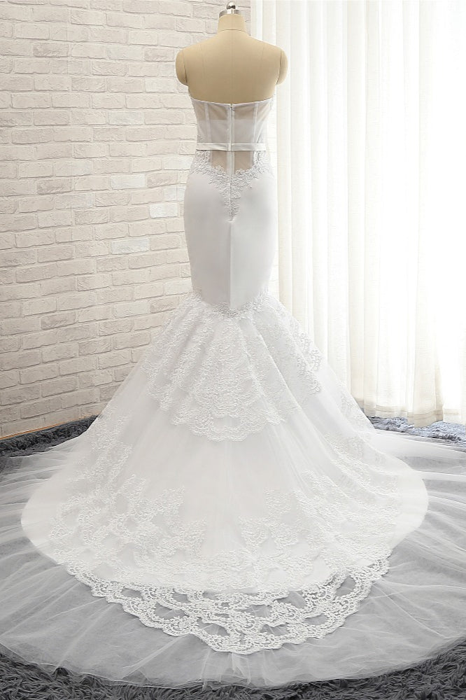 Affordable Sweetheart White Lace Wedding Dresses Tulle Satin Bridal Gowns With Appliques On Sale-27dress