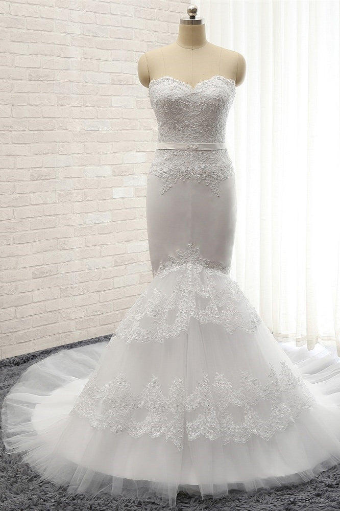 Affordable Sweetheart White Lace Wedding Dresses Tulle Satin Bridal Gowns With Appliques On Sale-27dress