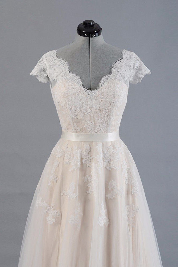 Affordable V-neck A-line Wedding Dresses Shorts leeves Tulle Lace Bridal Gowns On Sale-27dress