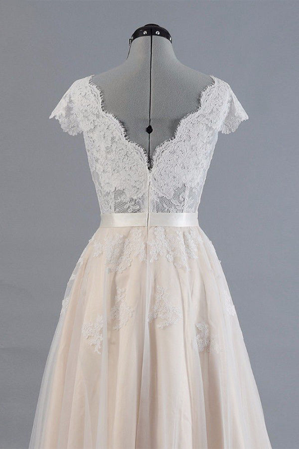 Affordable V-neck A-line Wedding Dresses Shorts leeves Tulle Lace Bridal Gowns On Sale-27dress