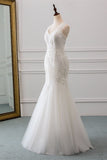 Affordable V-Neck Appliques Mermaid Wedding Dresses with Beadings Online-27dress