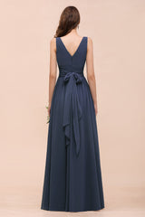 Affordable V-Neck Chiffon Long Stormy Bridesmaid Dress With Slit-27dress