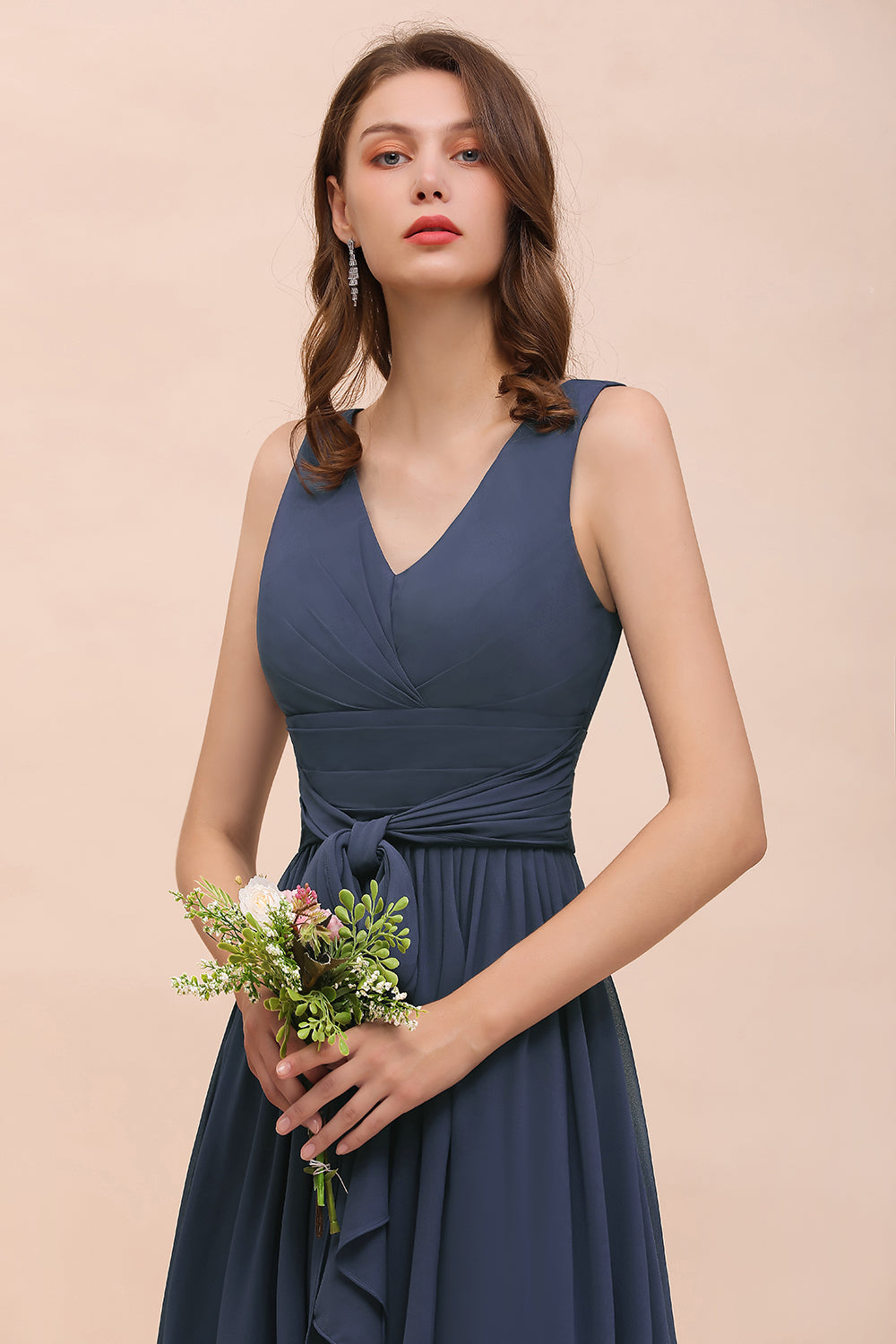 Affordable V-Neck Chiffon Long Stormy Bridesmaid Dress With Slit-27dress