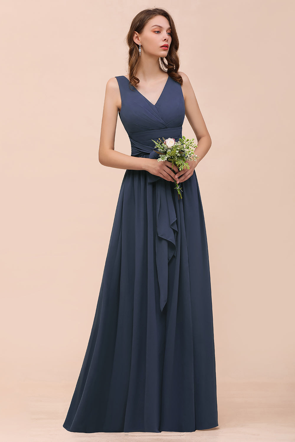 Affordable V-Neck Chiffon Long Stormy Bridesmaid Dress With Slit-27dress